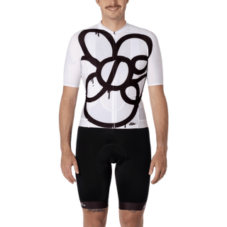 men wearing a black and white cycling jersey