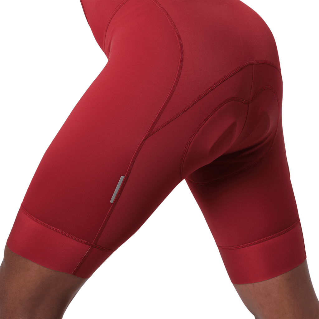 close up of a burgundy cycling short